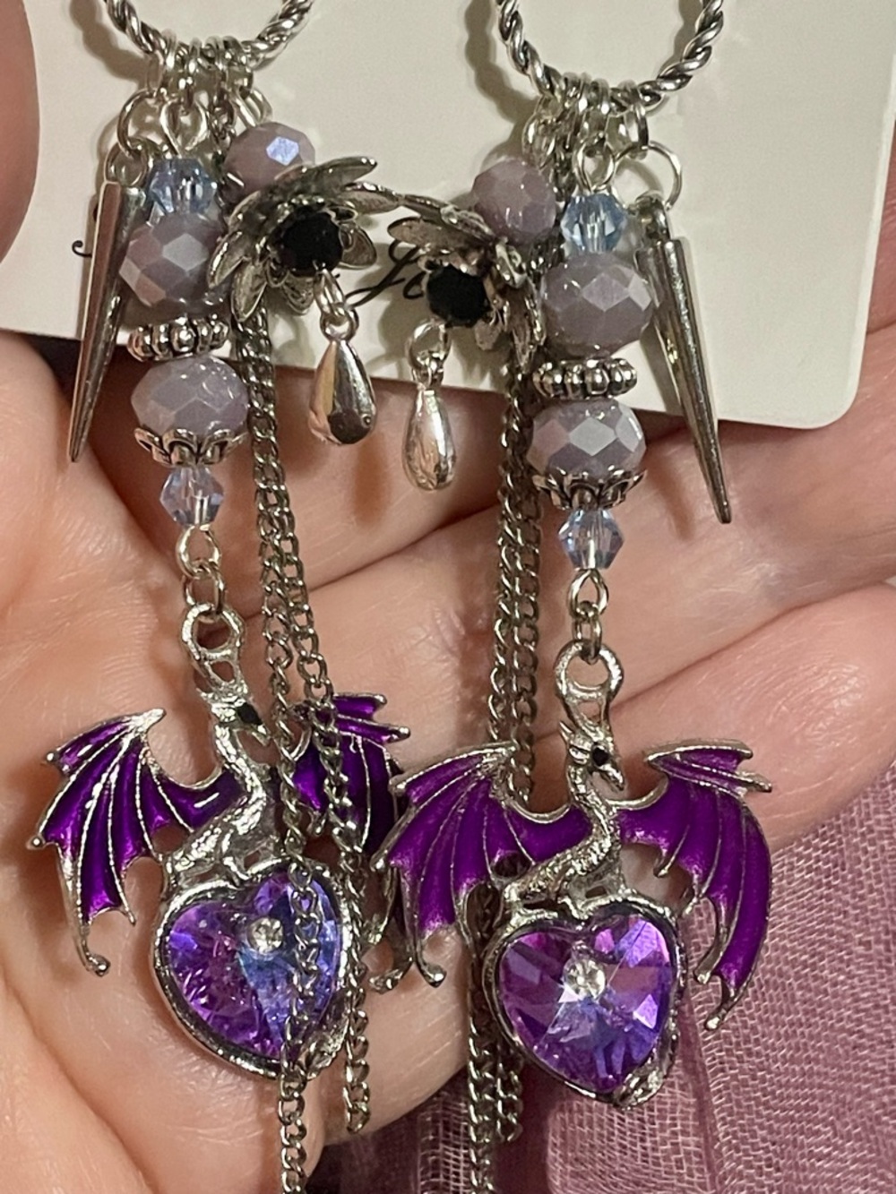 Artisan Fantasy Purple Dragon Heart Dangle Earrings - Picture 5 of 10